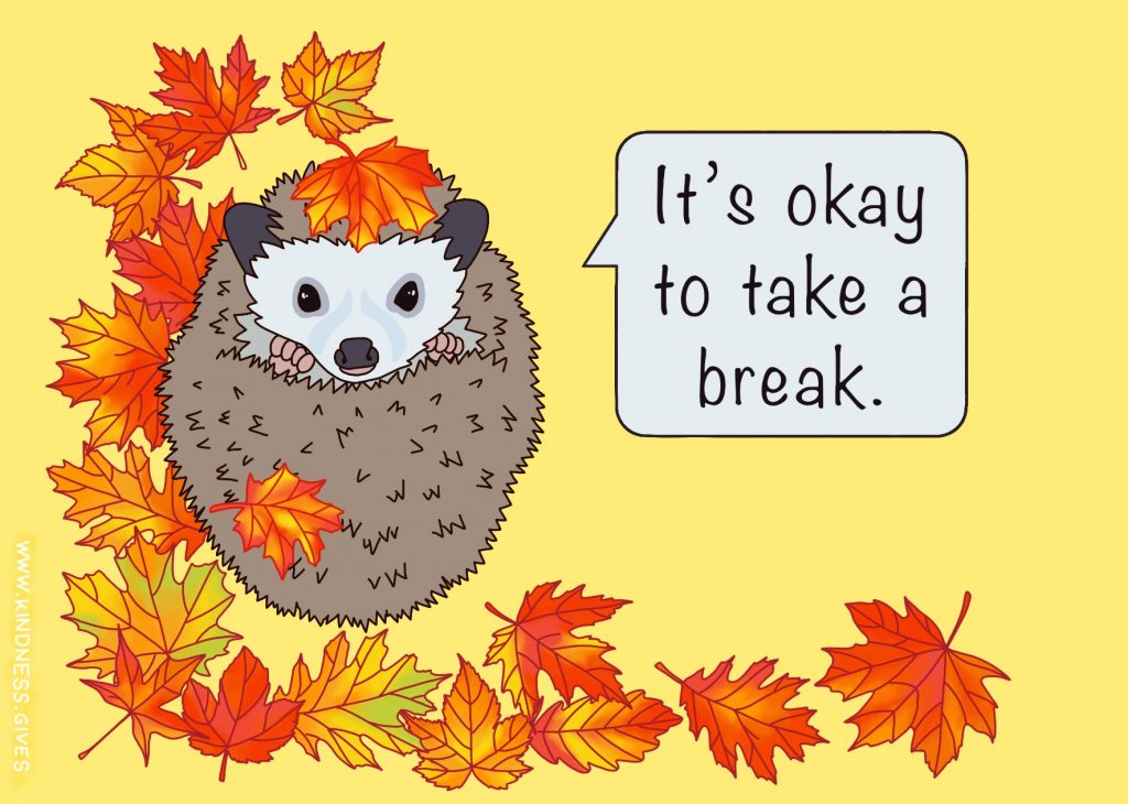 A curled up hedgehog between autumn leaves saying "It´s okay to take a break."