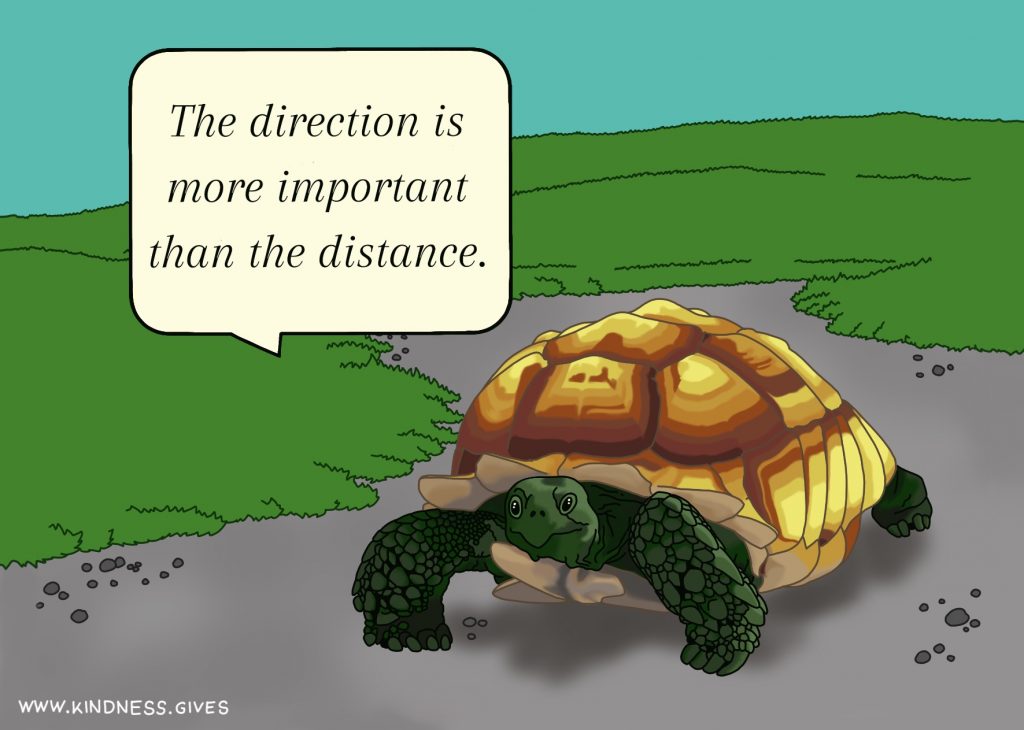 A turtle crawls along saying "The direction is more important than the distance."