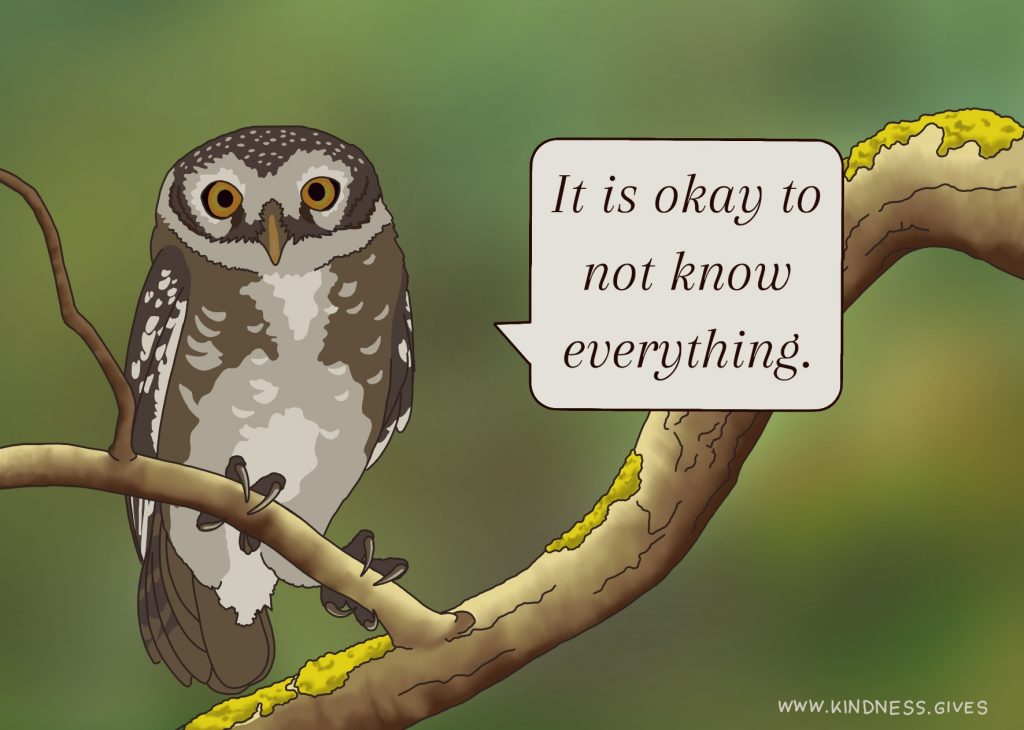 An owl on a branch saying "It´s okay to not know everything."