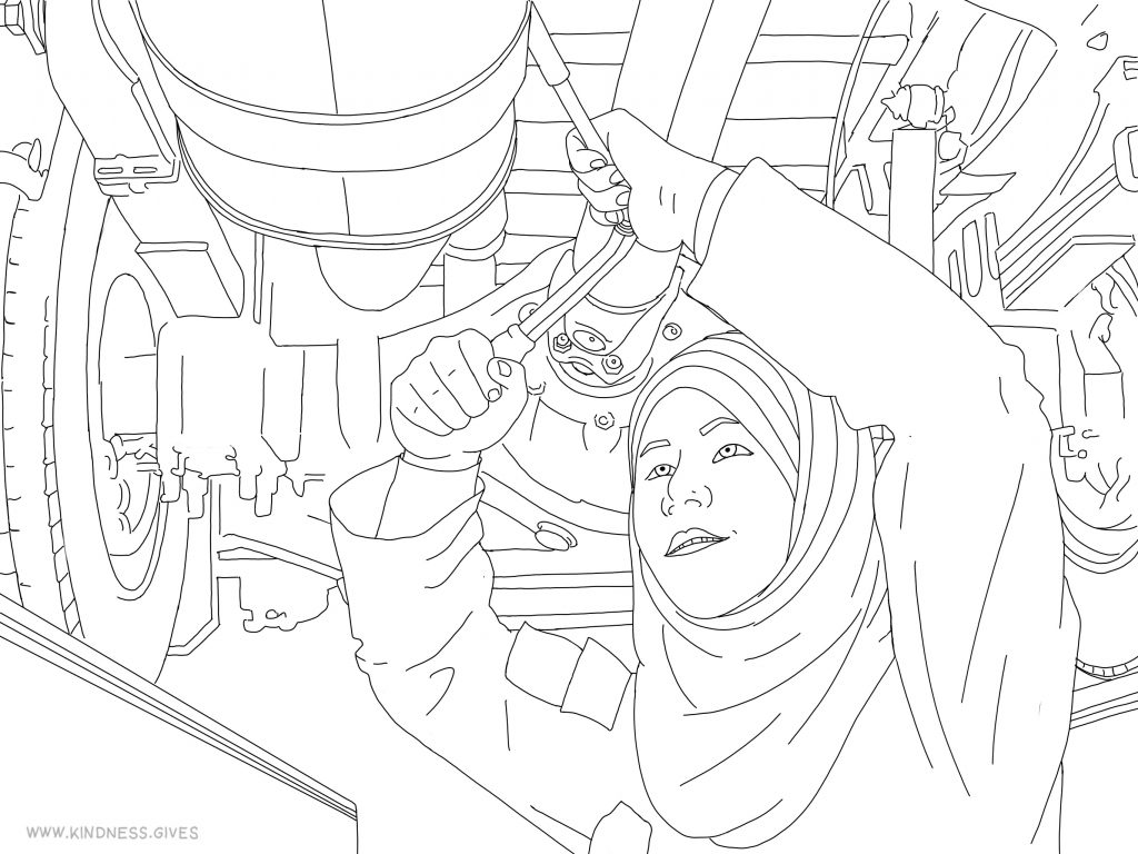 Feamale mechanic with hijab - coloring picture