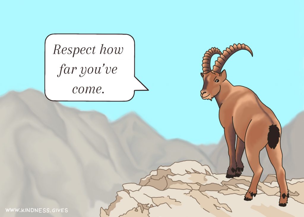 A capricorn on a montain, looking back saying "Respect how far you´ve come."
