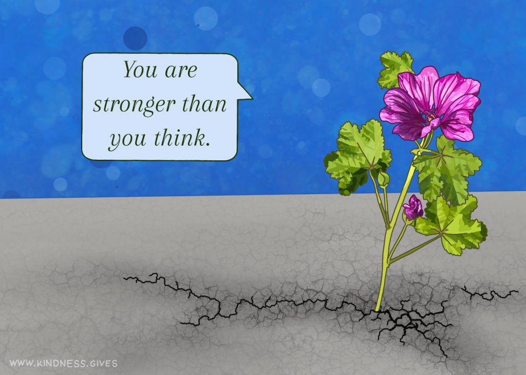 A purple flower breaking through a concrete floor saying "You are stronger than you think."