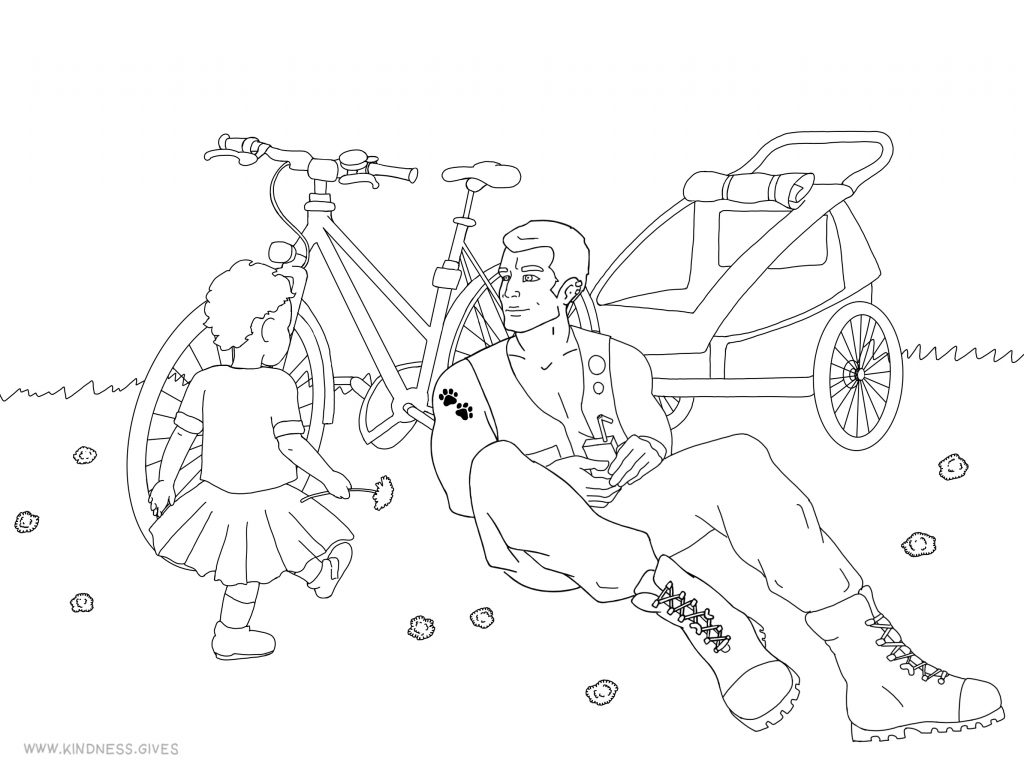 Biker dad with kid - coloring picture